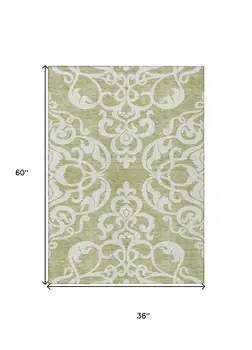 3' X 5' Sage And Ivory Damask Washable Indoor Outdoor Area Rug
