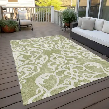 3' X 5' Sage And Ivory Damask Washable Indoor Outdoor Area Rug