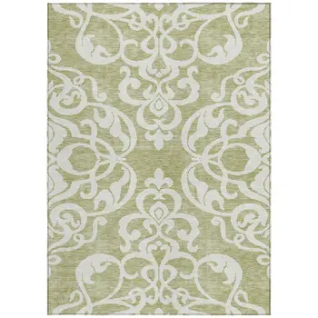 5' X 8' Sage And Ivory Damask Washable Indoor Outdoor Area Rug