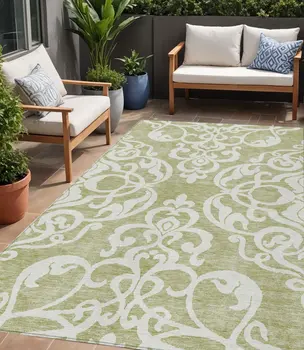 5' X 8' Sage And Ivory Damask Washable Indoor Outdoor Area Rug
