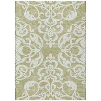 5' X 8' Sage And Ivory Damask Washable Indoor Outdoor Area Rug