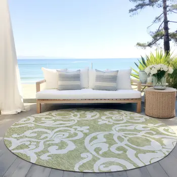 8' Sage And Ivory Round Damask Washable Indoor Outdoor Area Rug