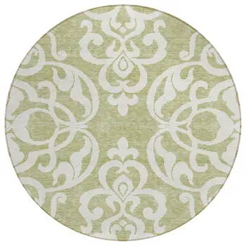 8' Sage And Ivory Round Damask Washable Indoor Outdoor Area Rug