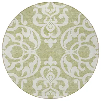 8' Sage And Ivory Round Damask Washable Indoor Outdoor Area Rug