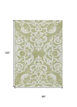 8' X 10' Sage And Ivory Damask Washable Indoor Outdoor Area Rug