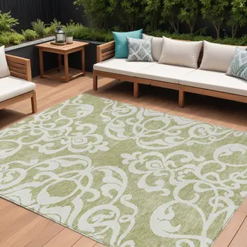 8' X 10' Sage And Ivory Damask Washable Indoor Outdoor Area Rug