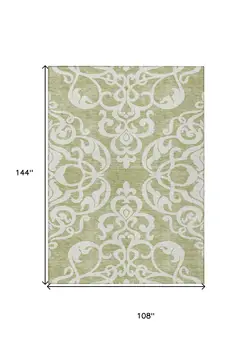 9' X 12' Sage And Ivory Damask Washable Indoor Outdoor Area Rug