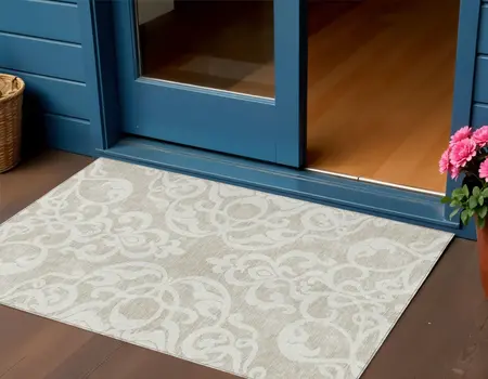 3' X 5' Beige And Ivory Damask Washable Indoor Outdoor Area Rug