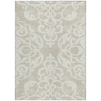 5' X 8' Beige And Ivory Damask Washable Indoor Outdoor Area Rug