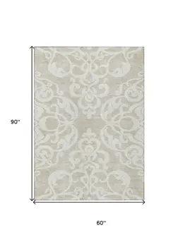 5' X 8' Beige And Ivory Damask Washable Indoor Outdoor Area Rug
