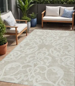 5' X 8' Beige And Ivory Damask Washable Indoor Outdoor Area Rug