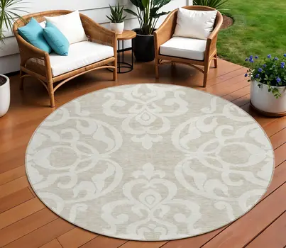 8' Beige And Ivory Round Damask Washable Indoor Outdoor Area Rug