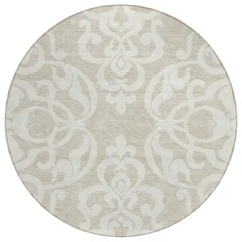 8' Beige And Ivory Round Damask Washable Indoor Outdoor Area Rug