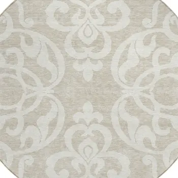 8' Beige And Ivory Round Damask Washable Indoor Outdoor Area Rug