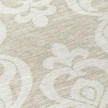 8' Beige And Ivory Round Damask Washable Indoor Outdoor Area Rug