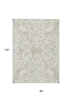 8' X 10' Beige And Ivory Damask Washable Indoor Outdoor Area Rug