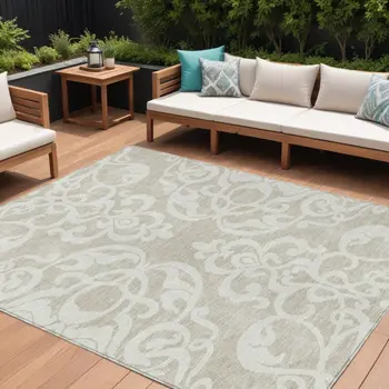 8' X 10' Beige And Ivory Damask Washable Indoor Outdoor Area Rug
