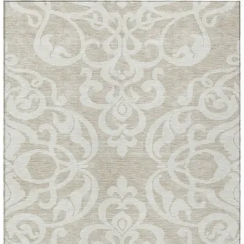 9' X 12' Beige And Ivory Damask Washable Indoor Outdoor Area Rug