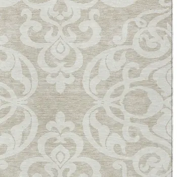 9' X 12' Beige And Ivory Damask Washable Indoor Outdoor Area Rug
