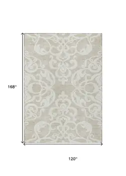 10' X 14' Beige And Ivory Damask Washable Indoor Outdoor Area Rug