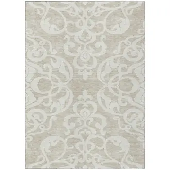 10' X 14' Beige And Ivory Damask Washable Indoor Outdoor Area Rug