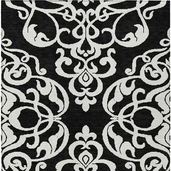 3' X 5' Black And Ivory Damask Washable Indoor Outdoor Area Rug