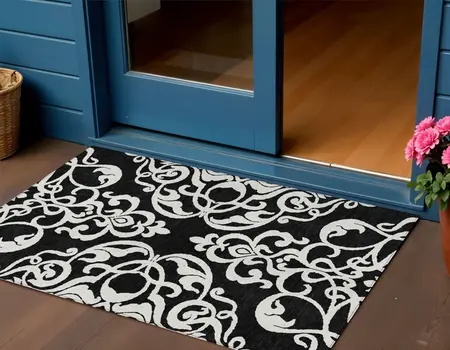 3' X 5' Black And Ivory Damask Washable Indoor Outdoor Area Rug