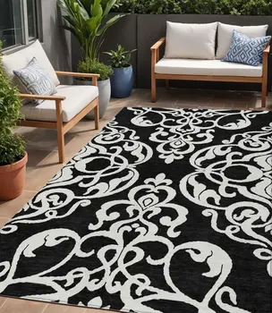 5' X 8' Black And Ivory Damask Washable Indoor Outdoor Area Rug