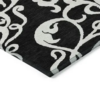 5' X 8' Black And Ivory Damask Washable Indoor Outdoor Area Rug