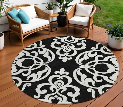 8' Black And Ivory Round Damask Washable Indoor Outdoor Area Rug