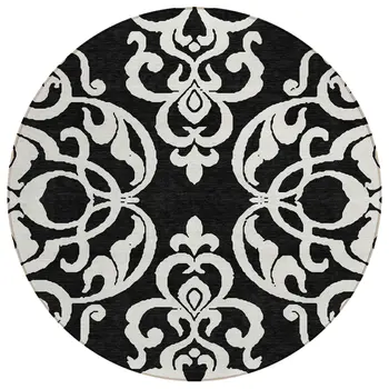 8' Black And Ivory Round Damask Washable Indoor Outdoor Area Rug