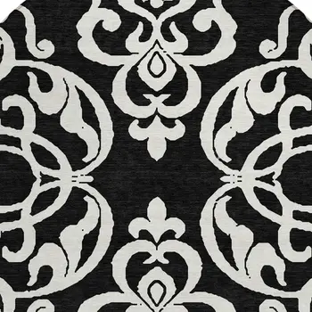 8' Black And Ivory Round Damask Washable Indoor Outdoor Area Rug