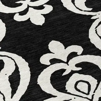 8' Black And Ivory Round Damask Washable Indoor Outdoor Area Rug
