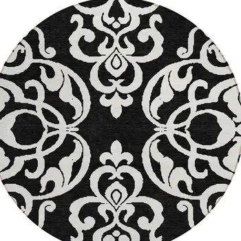 8' Black And Ivory Round Damask Washable Indoor Outdoor Area Rug