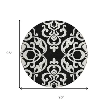 8' Black And Ivory Round Damask Washable Indoor Outdoor Area Rug