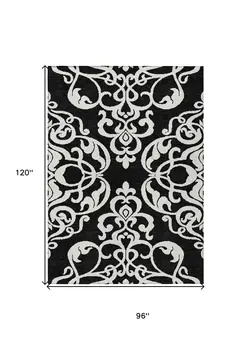 8' X 10' Black And Ivory Damask Washable Indoor Outdoor Area Rug