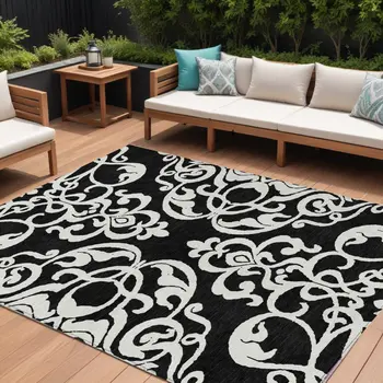 8' X 10' Black And Ivory Damask Washable Indoor Outdoor Area Rug