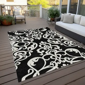 8' X 10' Black And Ivory Damask Washable Indoor Outdoor Area Rug