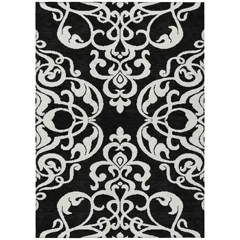 8' X 10' Black And Ivory Damask Washable Indoor Outdoor Area Rug