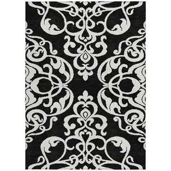 8' X 10' Black And Ivory Damask Washable Indoor Outdoor Area Rug