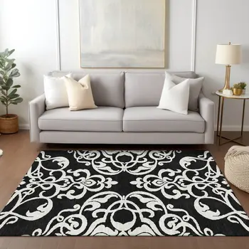 8' X 10' Black And Ivory Damask Washable Indoor Outdoor Area Rug