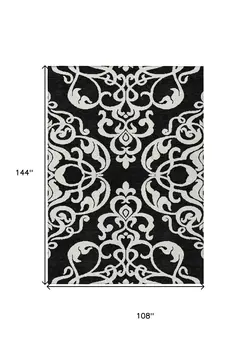 9' X 12' Black And Ivory Damask Washable Indoor Outdoor Area Rug