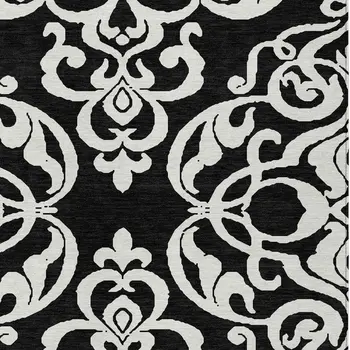 9' X 12' Black And Ivory Damask Washable Indoor Outdoor Area Rug