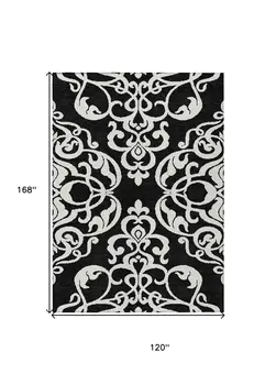 10' X 14' Black And Ivory Damask Washable Indoor Outdoor Area Rug