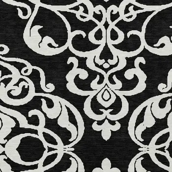 10' X 14' Black And Ivory Damask Washable Indoor Outdoor Area Rug