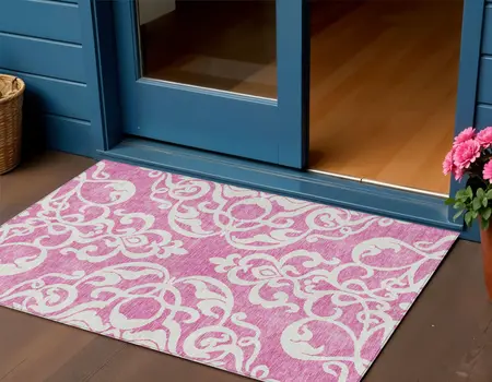 3' X 5' Blush And Ivory Damask Washable Indoor Outdoor Area Rug