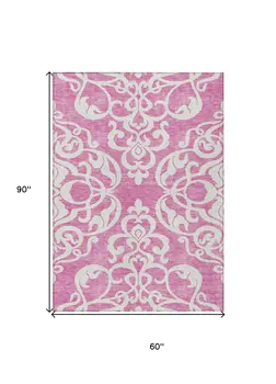 5' X 8' Blush And Ivory Damask Washable Indoor Outdoor Area Rug