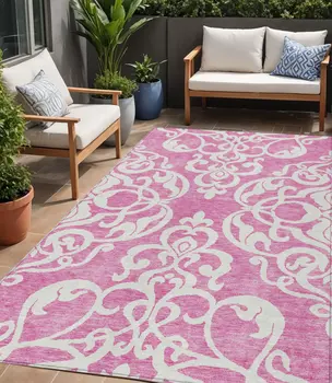5' X 8' Blush And Ivory Damask Washable Indoor Outdoor Area Rug