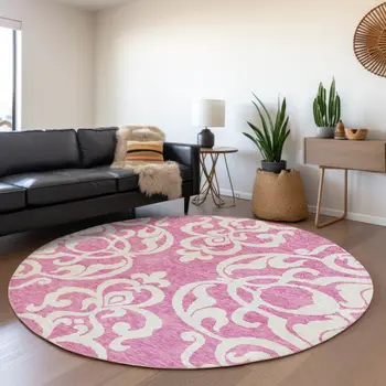 8' Blush And Ivory Round Damask Washable Indoor Outdoor Area Rug