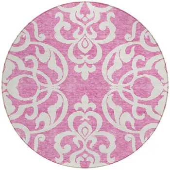 8' Blush And Ivory Round Damask Washable Indoor Outdoor Area Rug